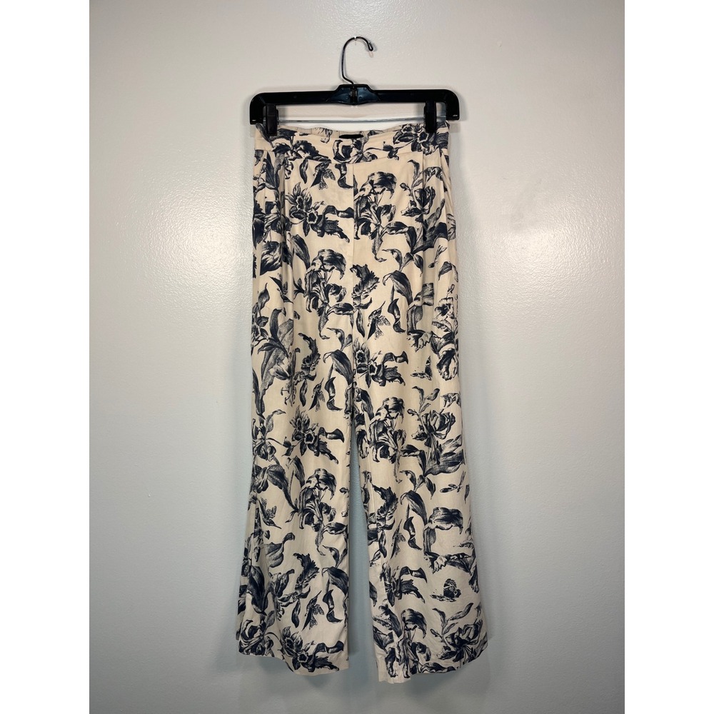 Frank And Oak Floral Wide Leg Pants Cream Navy Size 4 - Picture 2 of 8